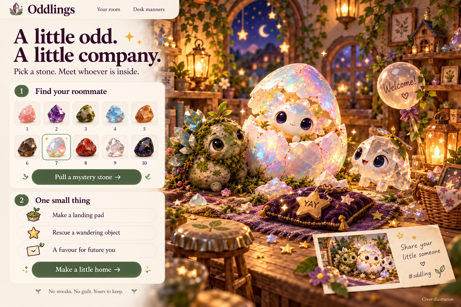 Oddlings cover illustration: an opal hatchling, mossy and clear crystal companions in a lantern-lit home, with mystery stone selection, small chore choices, a gift star and share postcard. Illustrated controls are not interactive.